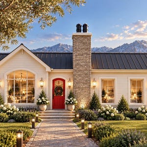 Puede incluir: Una casa de una planta con revestimiento color crema, techo de metal oscuro y una chimenea de piedra prominente. La fachada cuenta con una puerta roja brillante con una corona, grandes ventanales y un camino de piedra bordeado de faroles y hortensias.