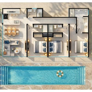 Könnte beinhalten: Draufsicht auf einen modernen Villa-Grundriss mit einem rechteckigen Pool. Die Villa verfügt über eine Küche, einen Essbereich, ein Wohnzimmer und Schlafzimmer. Der Pool hat eine weiß-blaue Schwimmboje.