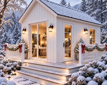 May include: A white cabin with vertical siding, a gabled roof covered in snow, and a front porch with railings decorated with garlands and red bows. The cabin features glass sliding doors and a window, with warm interior lighting visible at night.
