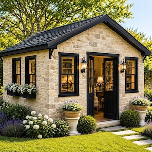 May include: A small stone garden shed with a dark shingled roof, black window frames, and black doors. The exterior features light-coloured masonry blocks, two black wall-mounted lanterns, and window boxes filled with white flowers.