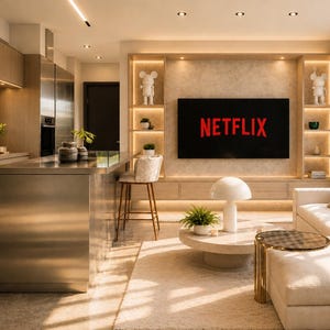 Könnte beinhalten: Ein offener Wohnbereich mit einer Kücheninsel aus Edelstahl, einem beigen Ecksofa und einem wandmontierten Fernseher, der das Netflix-Logo anzeigt. Der Raum umfasst helle Holzschränke, eingebaute Regale und einen runden Couchtisch.