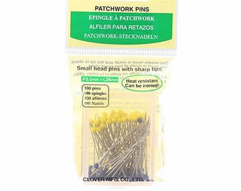 Blue and Yellow Sharp Patchwork Pins in a Box by Clover! 100 pieces, each 0.5mm diameter x 36mm long, small head with sharp tips