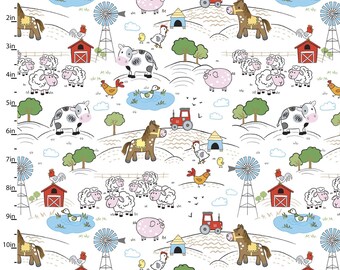 Farm Animals Rooster Chicken Cow Horse Pig Sheep Ducks Cat on Blue Farm Novelty Fabric Farm Animals Comfy Flannel Fabric