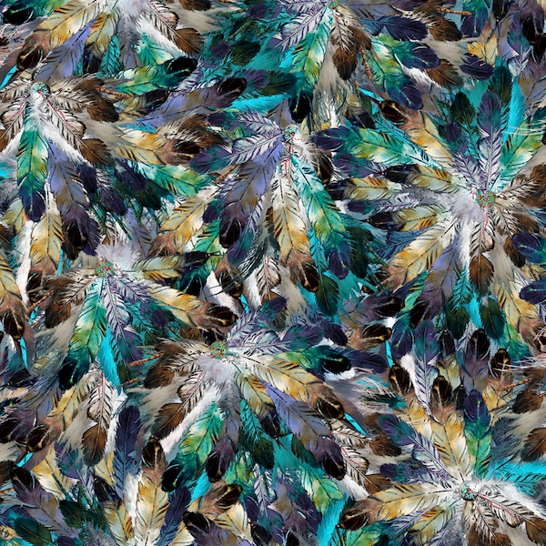 Multi Colored Feathers All Cotton Print Fabric from the Wolf Song Collection by QT Fabrics, 43 in Wide, for Quilting, Sewing and Crafting