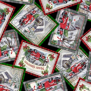 Winter Greetings Christmas Postcards, Red Truck Fabric by QT