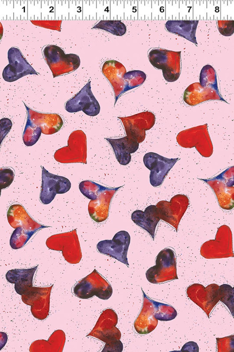 Great for Quilting Heartfelt by Peg Conley for Clothworks Sewing! Purple and Red Watercolor Hearts on Pink Fabric 100/% Cotton