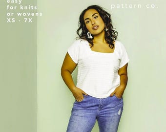 Friday Pattern Co Square Neck Top sewing Sizes XS-7X - printed paper hard envelope - DIY - Women's Easy