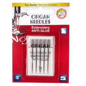 Organ Anti-Glue Needle, Size 75/11, comes in a 5 needle pack, A Great needle for embroider and quilting with spray adhesives
