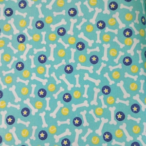 Dog Days Fabric - Dog Bones and Balls on Aqua by 3 Wishes, 100% Cotton, 44 inches wide, great for quilting, crafts, clothing, decor.