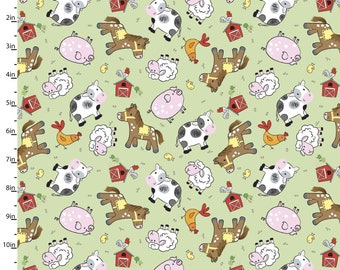 On the Farm Cotton Flannel in Green, Cow Horse Pig Barn, 100% Cotton, Sold By The Yard, Great for Baby, Softies, Quilting, Crafting