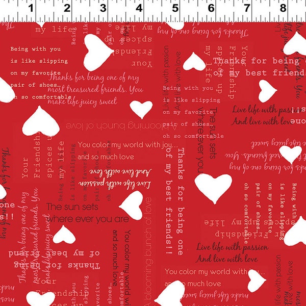 Hearts and Words on Red Valentines Day Fabric, "Heartfelt" by Peg Conley for Clothworks, 100% Cotton, Great for Quilting, Sewing!