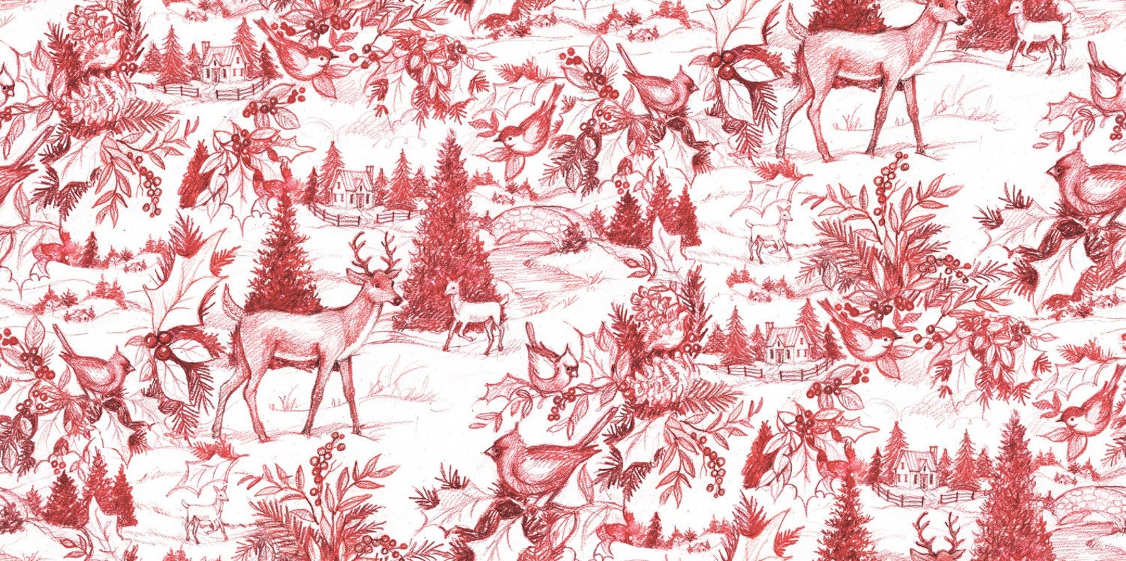 Woodland Toile Christmas Fabric in Red and White by Springs Etsy