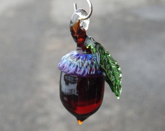 Hanging Glass Single Brown Acorn, Acorn Ornament, Nuts, Lampwork Acorn Sculpture