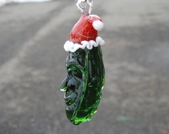 The Christmas Pickle with Santa Hat, Hanging Glass Ornament, Pickle and Santa Hat Ornament, Hide the Pickle Gift, Pickle with Face