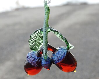 Hanging Glass Double Brown Acorns, Acorn Ornament, Nuts, Lampwork Acorn Sculpture