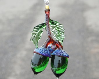 Hanging Glass Double Green Acorns, Acorn Ornament, Nuts, Lampwork Acorn Sculpture