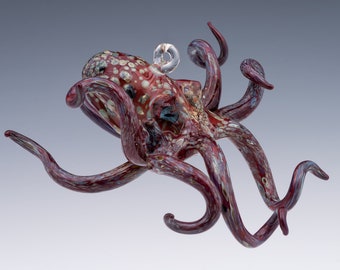 Hanging Glass Red Octopus Ornament, Lampwork Sea Life Sculpture, Ocean and Marine Life Art