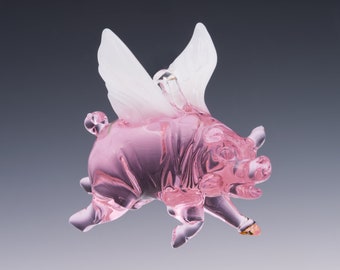 Small Flying Pig Ornament, Pink Glass Lampwork Sculpture, When Pigs Fly