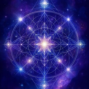 May include: Digital art print depicting a geometric design with a central starburst pattern. The artwork is set against a deep blue and purple space-like background, with numerous bright white stars and glowing accents.