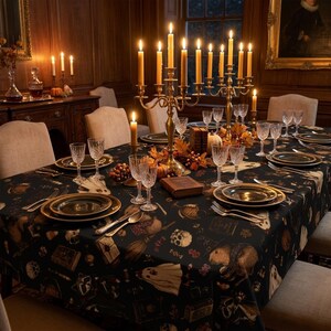 Dark Academia Halloween Woodland Animals Cotton Tablecloth | Capybara Raccoon Fox Ghost Candy Pattern