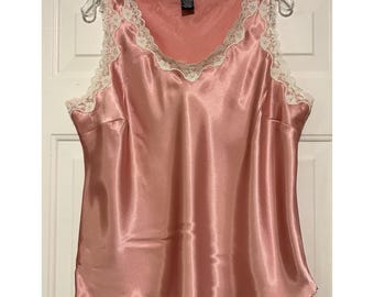 Dialogue Womens XL Pink Satin Lace Trim V-Neck Camisole Tank Top 1099549