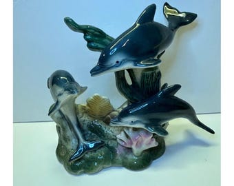 Ceramic Dolphin Figurine Trio Underwater Scene Coral Seaweed Ocean Decor