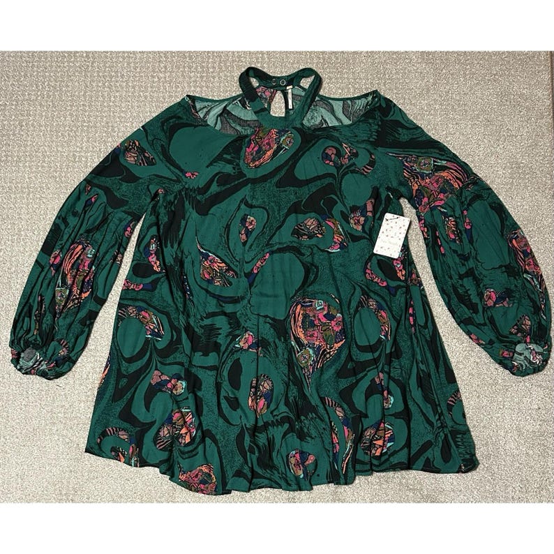 Free People Drift Away Tunic Dress Green Floral Boho Womens Size M Hippie Style image 3