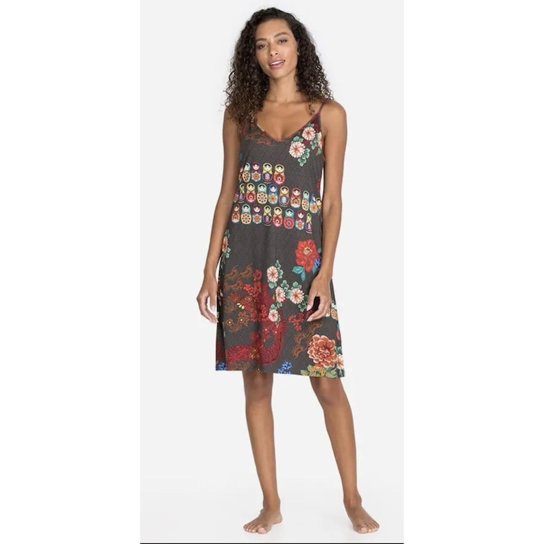 Johnny Was Matryoshka Nesting Doll Floral Sleep Slip Dress Grey Womens Large image 1