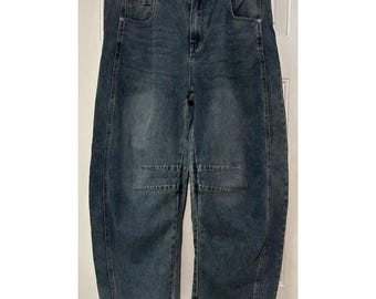 Pantalones vaqueros Barrel para mujer, pierna ancha, de mezclilla azul, talla XXL, tiro alto, pierna ancha, a la moda.
