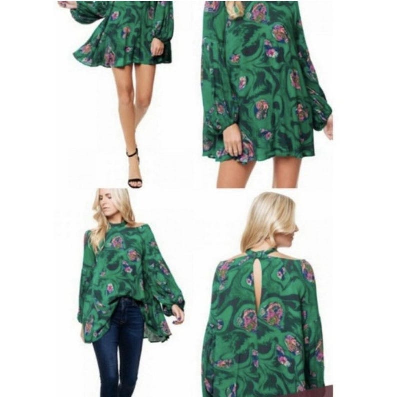Free People Drift Away Tunic Dress Green Floral Boho Womens Size M Hippie Style image 2