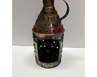 Vintage Handmade Mexican Punched Tin Lantern Luminary Folk Art Candle Holder