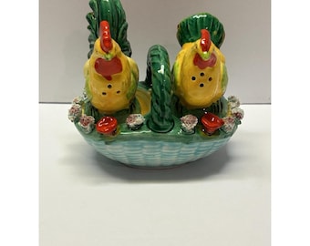 Vintage Made in Japan Rooster and Hen Ceramic Salt and Pepper Shaker Set Basket