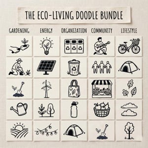 Puede incluir: Una colección de ilustraciones de garabatos en blanco y negro sobre cuadrados crema, que muestran temas ecológicos. La pancarta superior dice "THE ECO-LIVING DOODLE BUNDLE". Las imágenes incluyen jardinería, energía, organización, comunidad y estilo de vida, como un panel solar y una bicicleta.