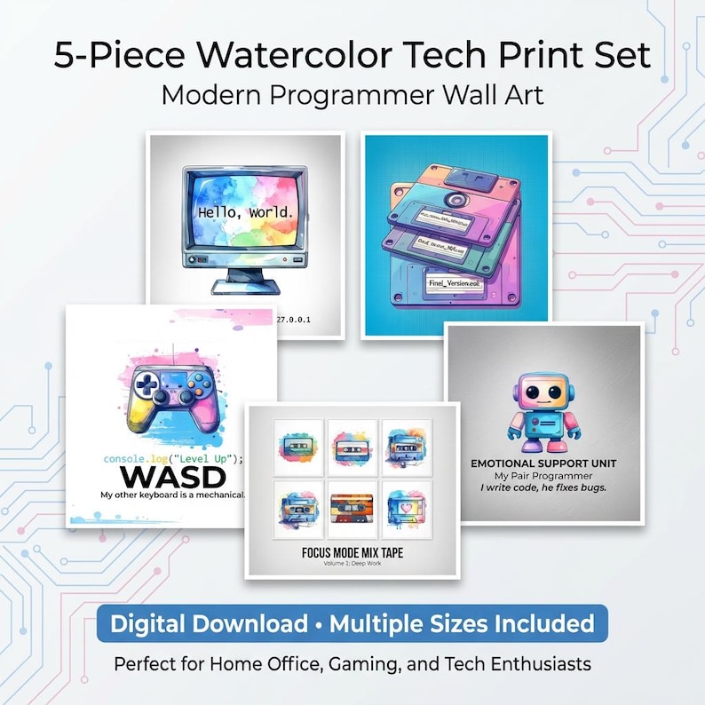 A promotional graphic for a 5-piece watercolor tech print set featuring modern programmer wall art. The collage shows a retro computer, floppy disks, a gaming controller, a robot, and cassette tapes in vibrant pastel colors. Text reads "Digital Download" and "Multiple Sizes Included."