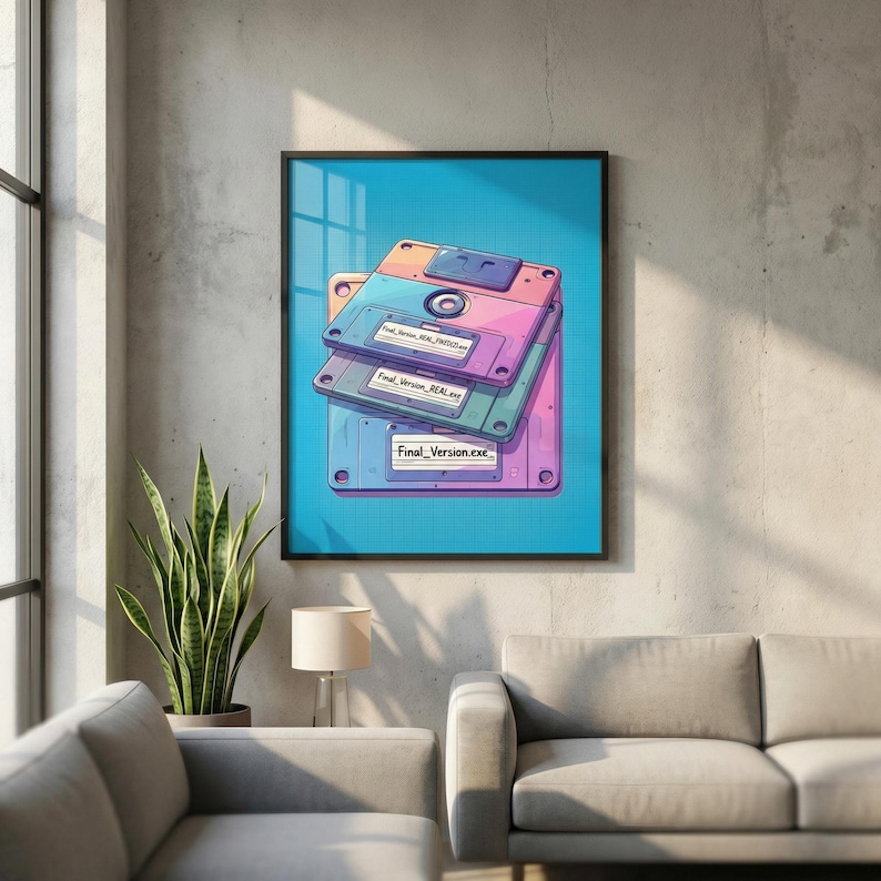 Retro tech art of a stack of three colorful floppy disks in pink, teal, and blue watercolor styles. Labels on the disks humorously show file naming struggles: "Final_Version.exe," "Final_Version_REAL.exe," and "Final_Version_REAL_FIXED(2).exe." Great gift for vintage tech lovers.