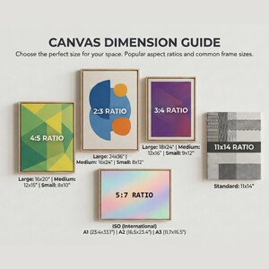 May include: A canvas dimension guide displays various aspect ratios and sizes. The guide includes examples like 4:5, 2:3, 3:4, 5:7, and 11x14 ratios, with corresponding dimensions in inches. The text also includes ISO international sizes.