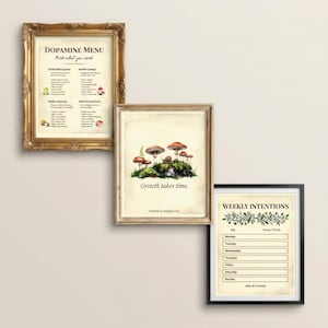 Könnte beinhalten: Drei gerahmte Drucke mit unterschiedlichen Designs. Der obere Druck hat einen goldenen, verzierten Rahmen und den Text „Dopamin-Menü“. Der mittlere Druck zeigt eine Pilzillustration und den Text „Growth takes time“. Der untere Druck ist ein Wochenplaner.