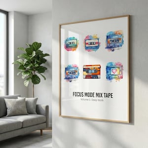 A 6-panel grid of watercolor cassette tapes in various bright colors. The title below reads "Focus Mode Mix Tape - Volume 1: Deep Work." A nostalgic and artistic print for home offices, creative studios, and music enthusiasts.