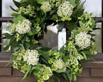 Green & White Spring Wreath | Neutral Front Door Wreath | Year Round Greenery Wreath