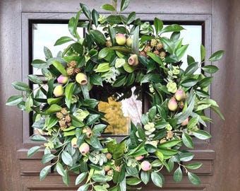 Year Round Greenery Wreath with Berry Accents & Eucalyptus, Farmhouse Decor, Spring and Summer Wreath for Front Door, Housewarming Gift