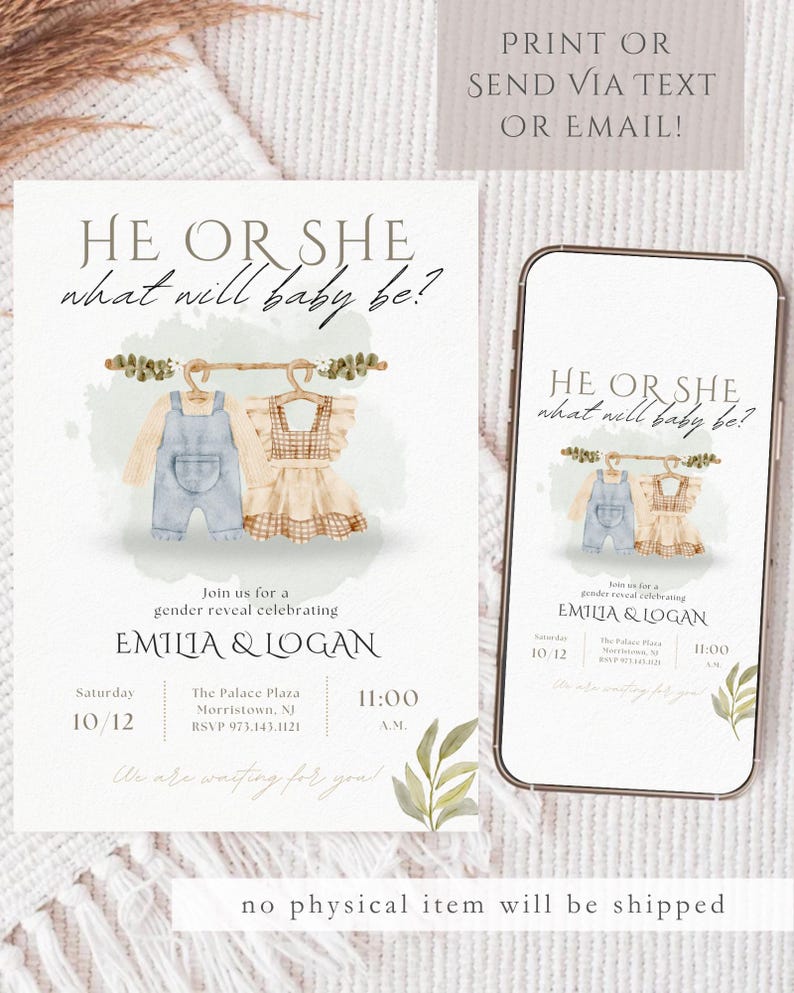 Editable He or She Gender Reveal Invitation | Canva Template - Etsy