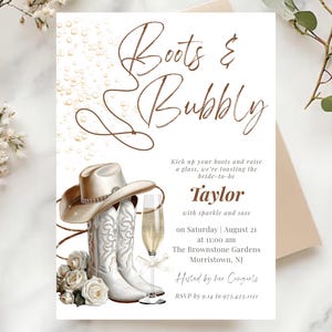 Plantilla de invitación para despedida de soltera con temática de botas y champán / Editable en Canva / Descarga inmediata