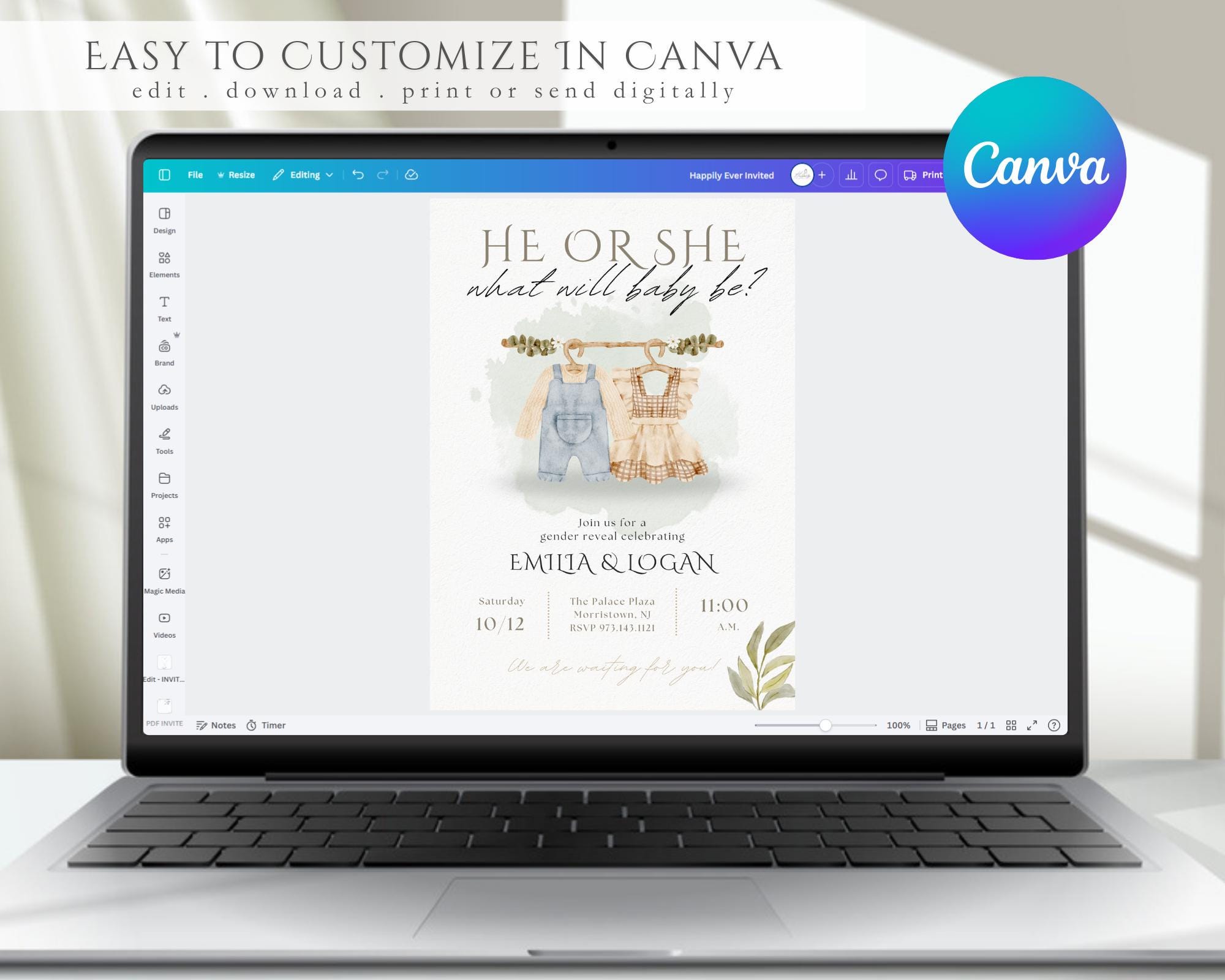 Editable He or She Gender Reveal Invitation | Canva Template - Etsy
