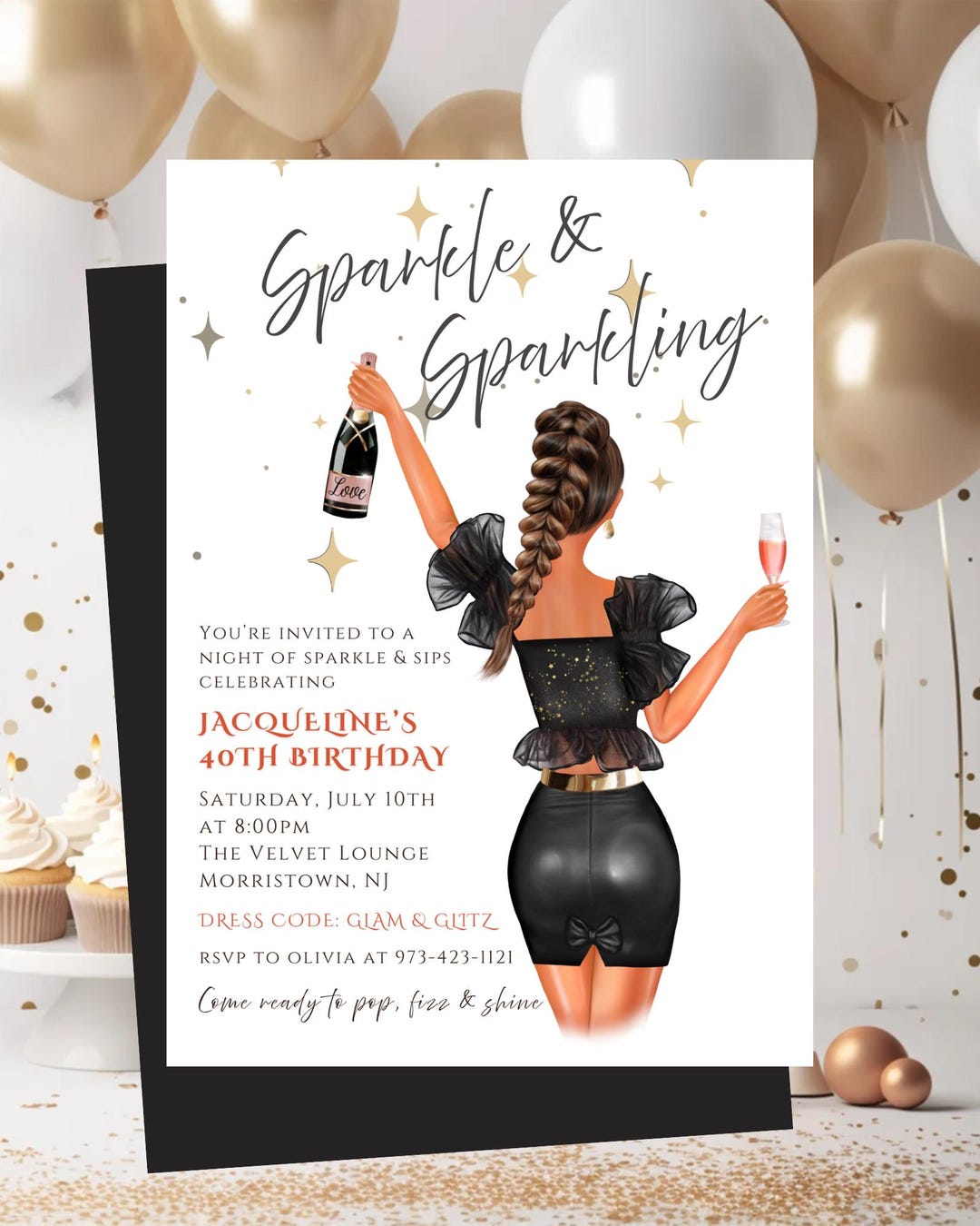 Glam Champagne Birthday Invitation Template Sparkle & Sips Birthday