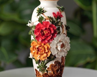 Jarrón de cerámica artesanal con forma de peonía / Jarrón grande con diseño floral / Decoración para el hogar hecha a mano en porcelana