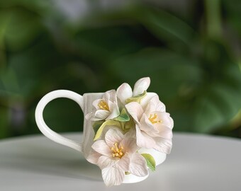 Taza de café de cerámica hecha a mano con forma de flor / Taza rosa suave con forma de flor / Taza de té de porcelana artística