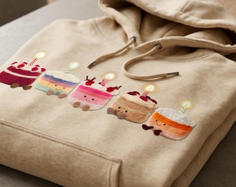 Sudadera con capucha y estampado de pastel de Jelly Cat de cumpleaños / Sudadera cómoda, regalo para ella y para él.