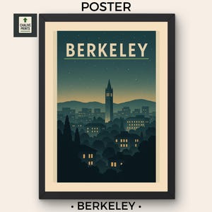 Könnte beinhalten: Gerahmtes Poster mit einer nächtlichen Stadtlandschaft von Berkeley, Kalifornien, mit dem Stadtnamen in großen Buchstaben. Das Kunstwerk hat einen Vintage-Reiseplakatstil mit einem dunkelblauen und beigen Farbschema. Das Bild zeigt einen markanten Turm und Stadtgebäude.