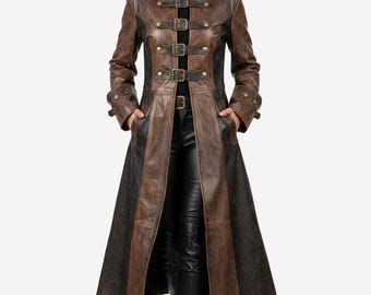 Handmade Women's Distressed Brown Steampunk Victorian Style Pirate Cosplay Trench Coat | Gothic Cosplay Costume