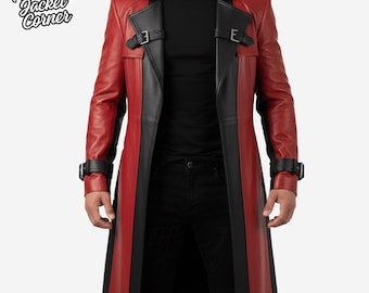 Handgefertigter Roter und Schwarzer langer Leder Trenchcoat für Herren | Steampunk-Outfit